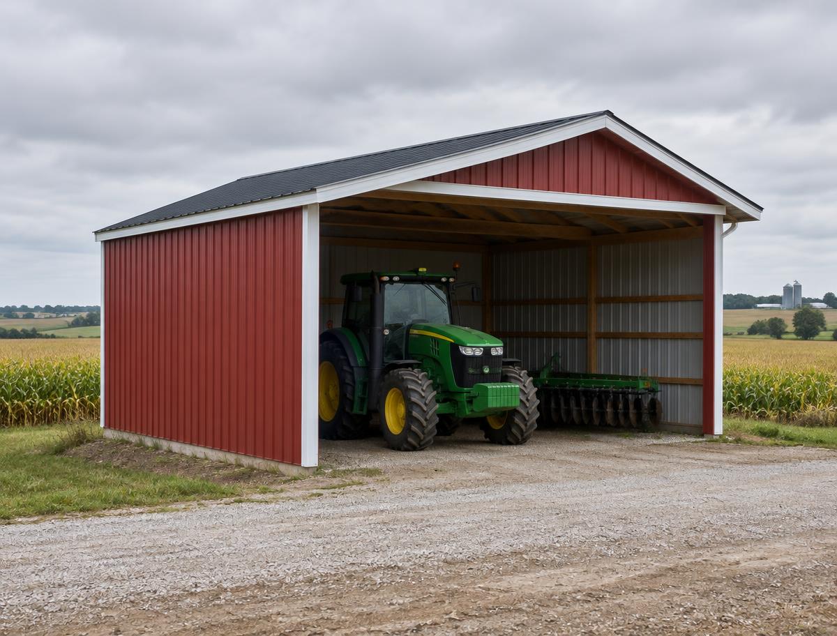 Red three-sided shelter with a tractor parked inside, cornfields behind