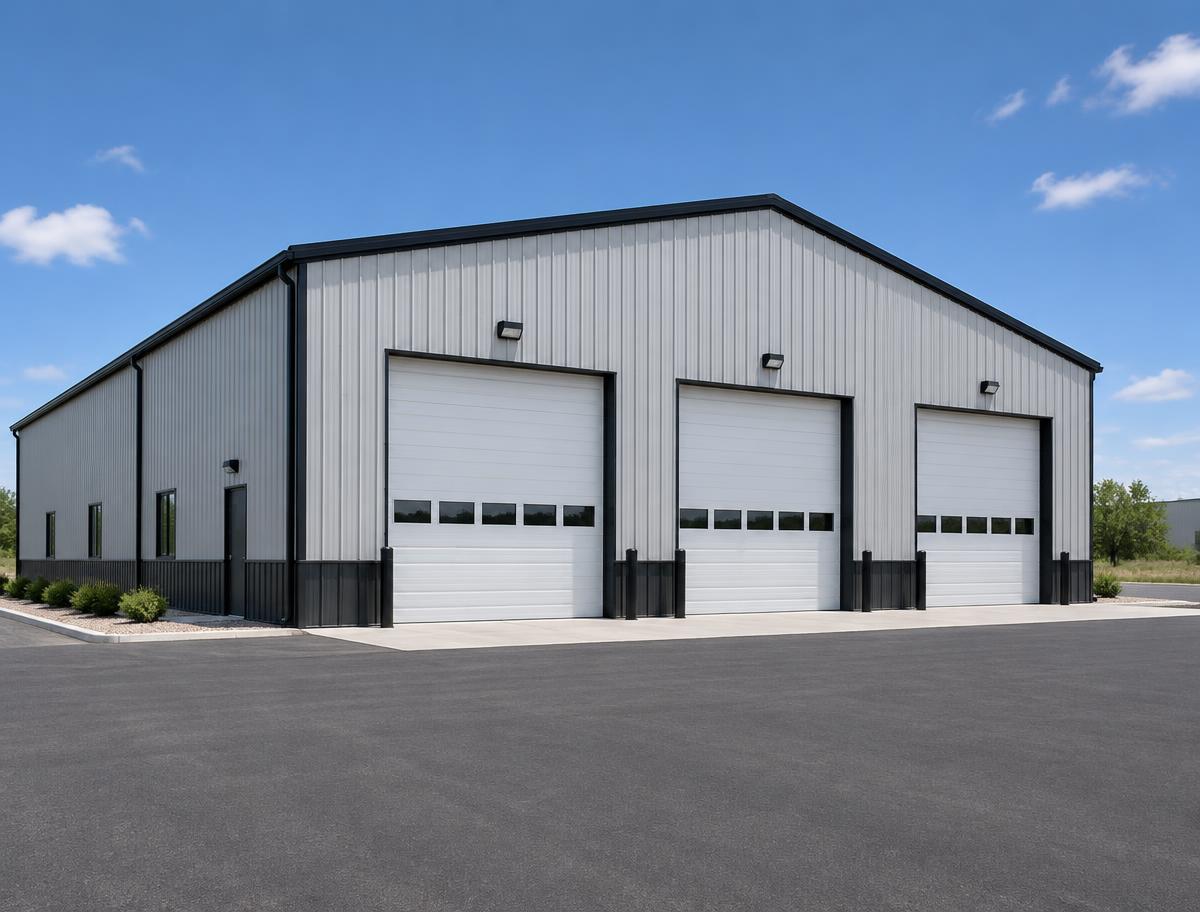 Large light gray steel building with three white overhead doors on an asphalt lot
