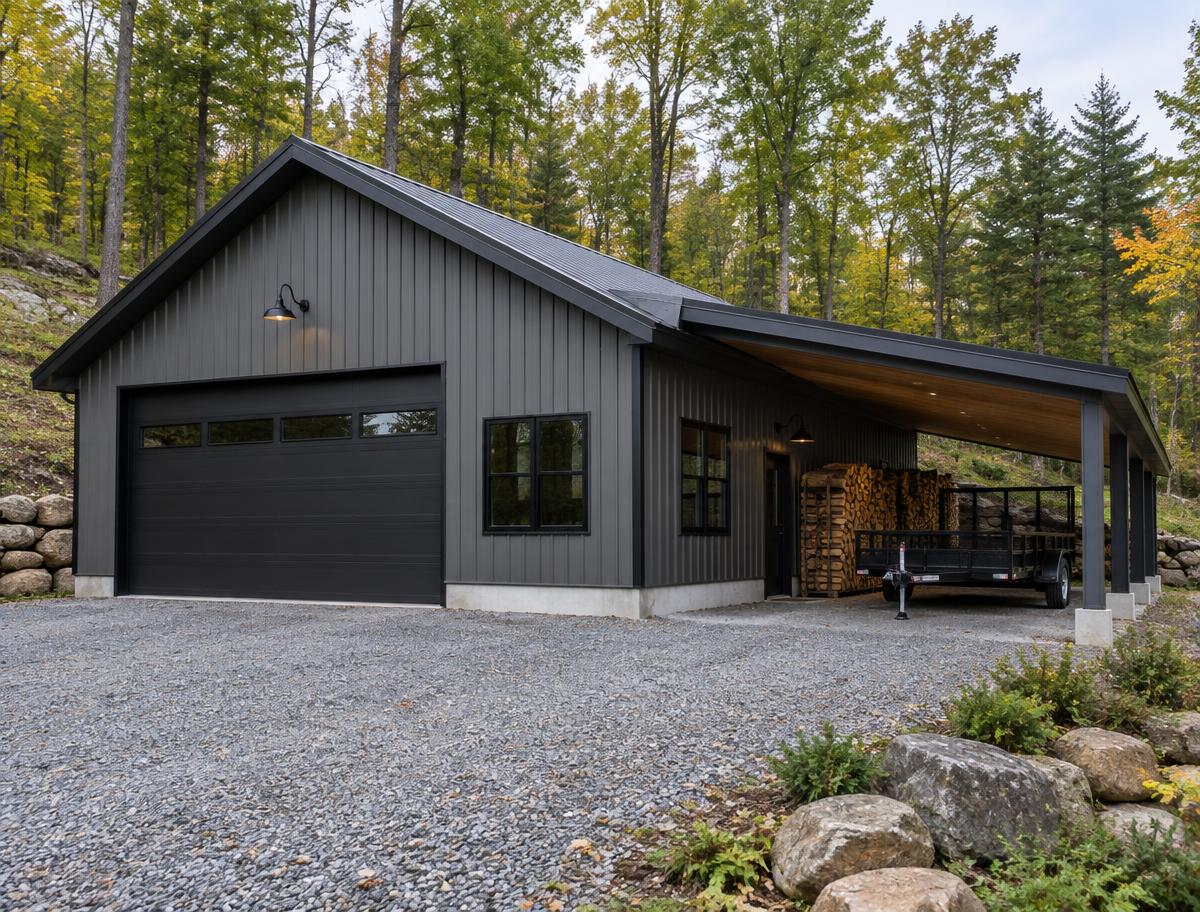 Dark gray garage with an attached open lean-to sheltering a trailer and firewood