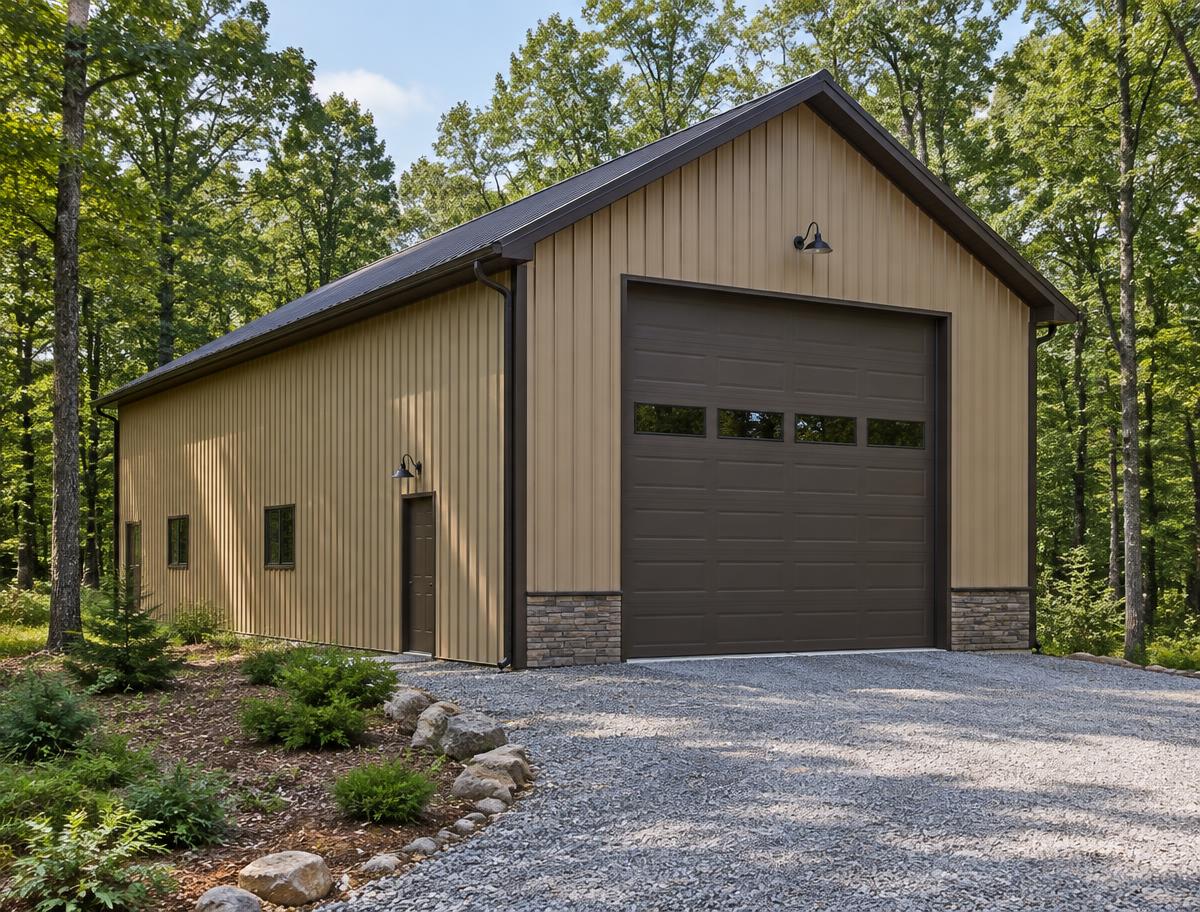 Tan metal building with a tall bronze overhead door surrounded by trees