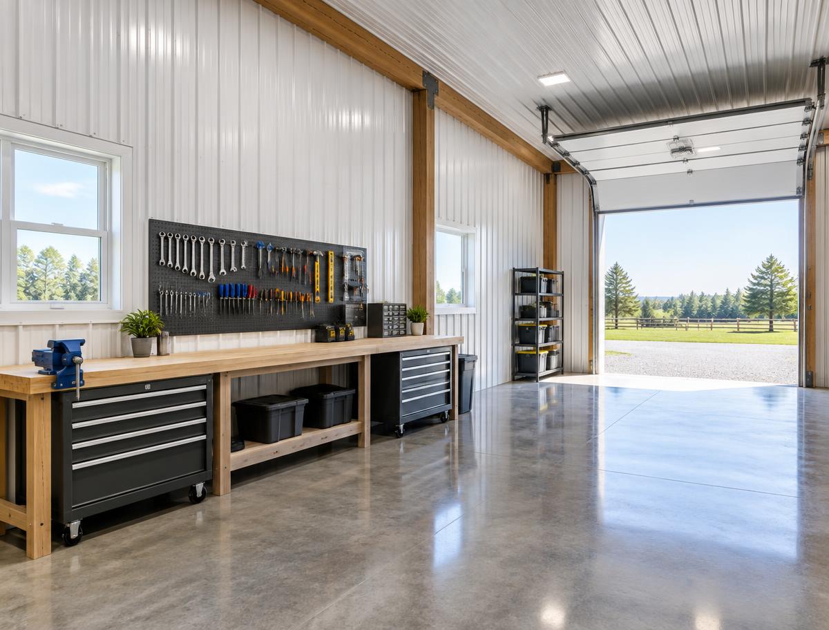 Lined workshop interior with a workbench and open overhead door (illustrative)